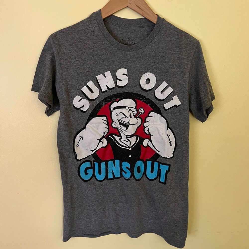 Popeye Gray Graphic T-Shirt Suns Out Guns Out Small